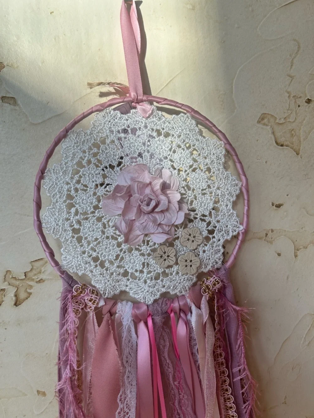 NWT Handcrafted Boho Dreamcatcher Wall Hanging Dusty Rose Lace She Shed Nursery